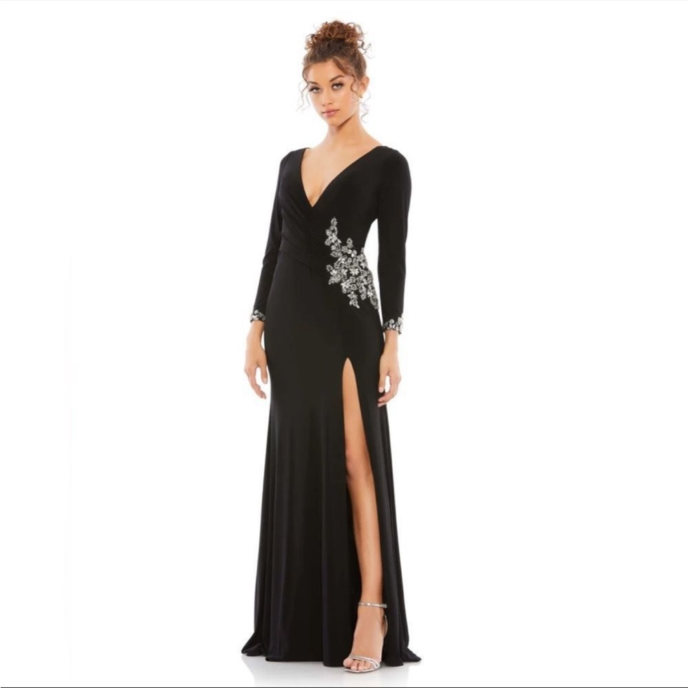 Mac Duggal Embellished Faux Wrap Jersey Black Gown size 14 NEW